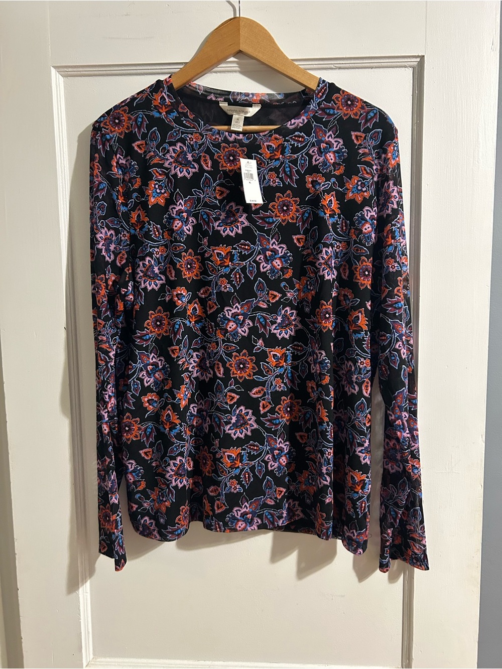 Banana Republic Black Long-Sleeve Floral Tee with Pink & Orange Print